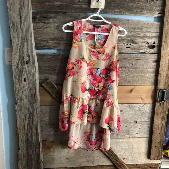 FOREVER 21 Size Med Tan Floral Hi-low Long Blouse - Picture 1 of 5
